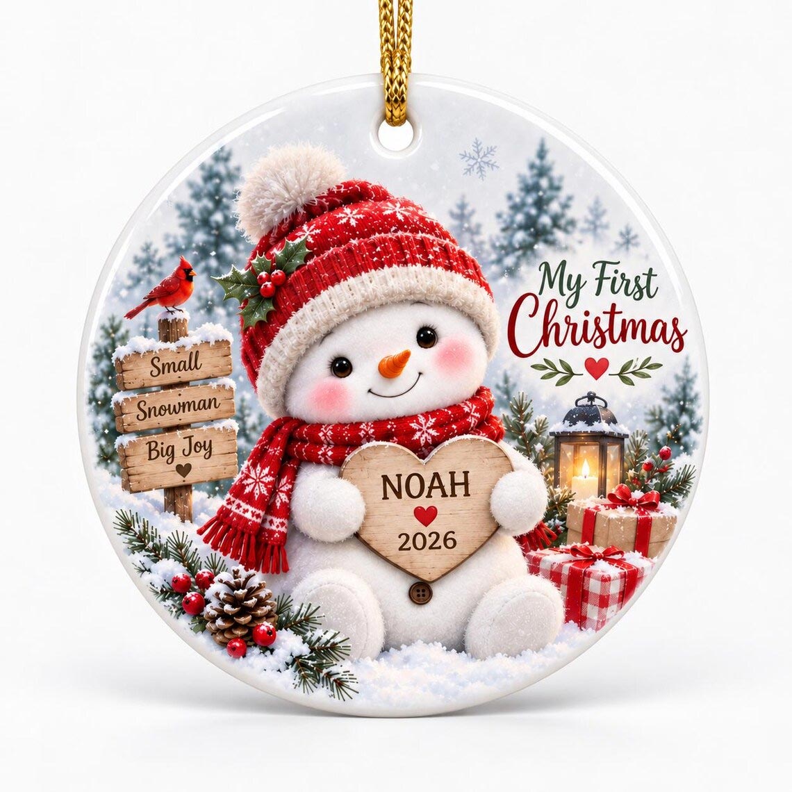My First Christmas Snowman Custom Name Date Baby's First Christmas Round Ceramic Ornament
