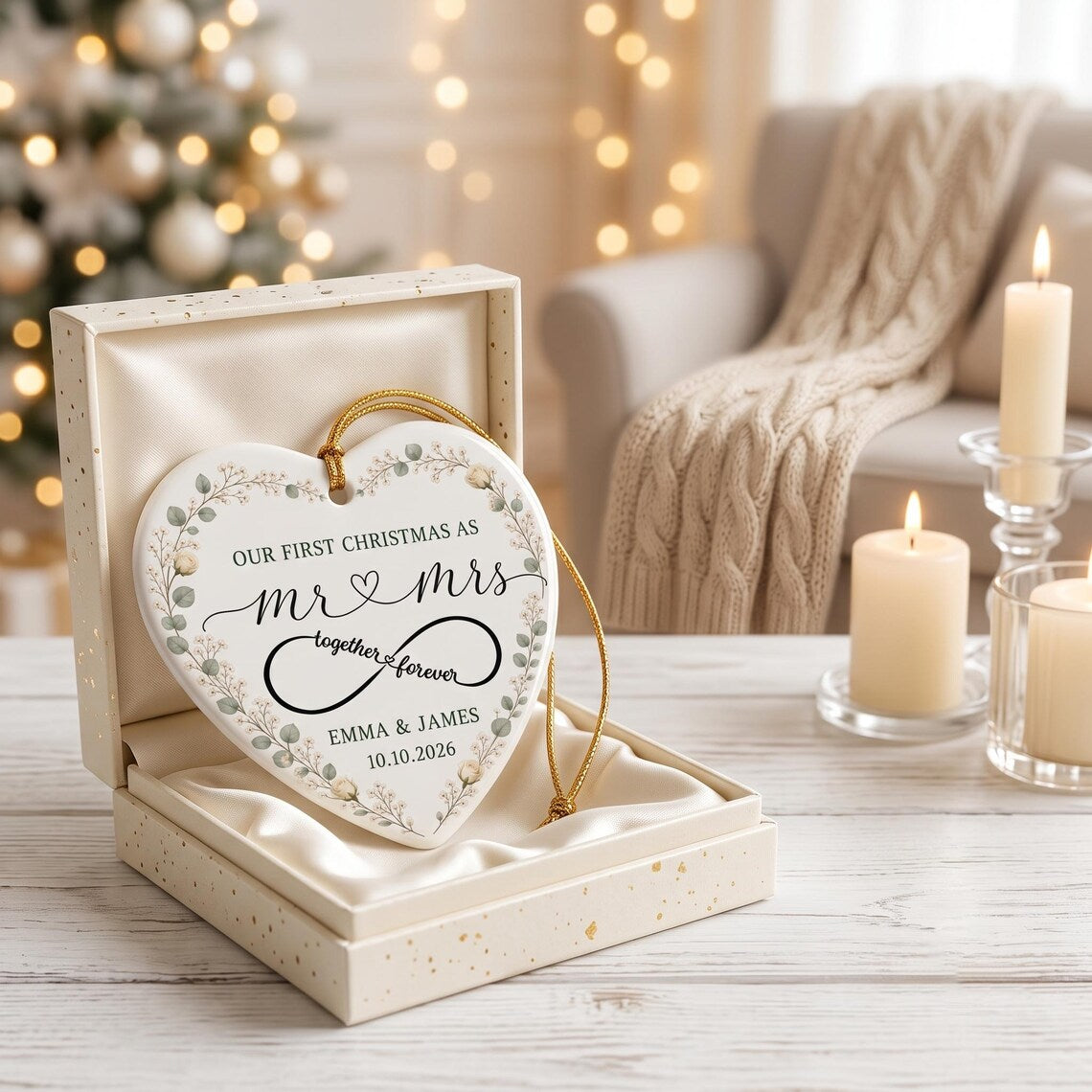 Our First Christmas as Mr & Mrs Custom Name Date Photo First Married Christmas Heart Ceramic Christmas Ornament