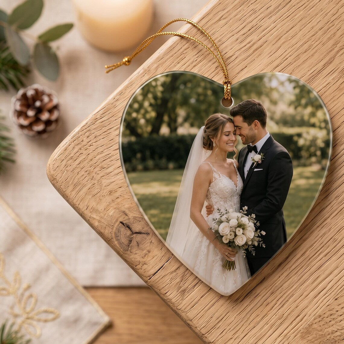 Our First Christmas as Mr & Mrs Custom Name Date Photo First Married Christmas Heart Ceramic Christmas Ornament