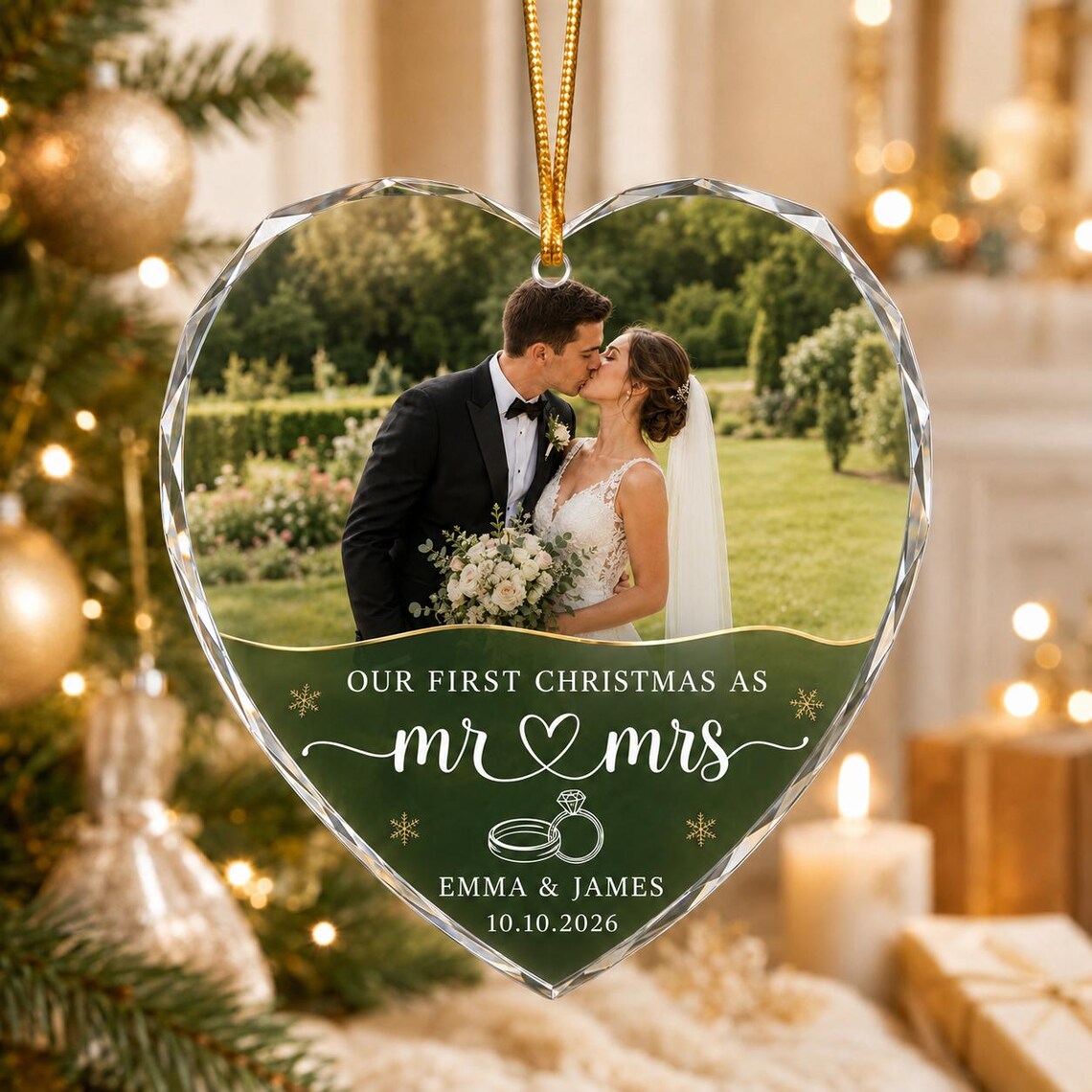 Our First Christmas as Mr & Mrs Custom Name Date Photo First Married Christmas Heart Glass Christmas Ornament