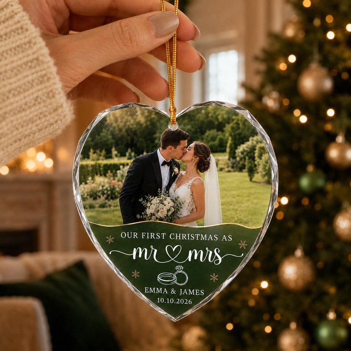 Our First Christmas as Mr & Mrs Custom Name Date Photo First Married Christmas Heart Glass Christmas Ornament