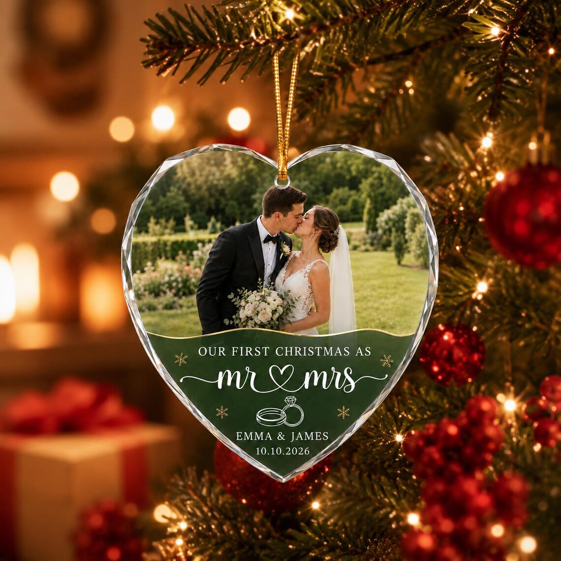 Our First Christmas as Mr & Mrs Custom Name Date Photo First Married Christmas Heart Glass Christmas Ornament
