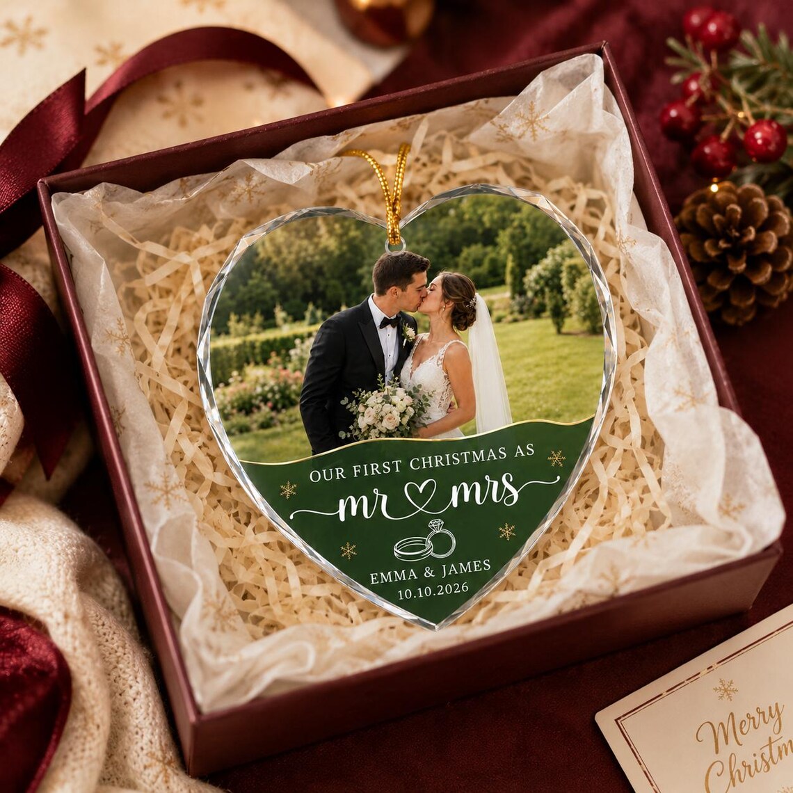 Our First Christmas as Mr & Mrs Custom Name Date Photo First Married Christmas Heart Glass Christmas Ornament