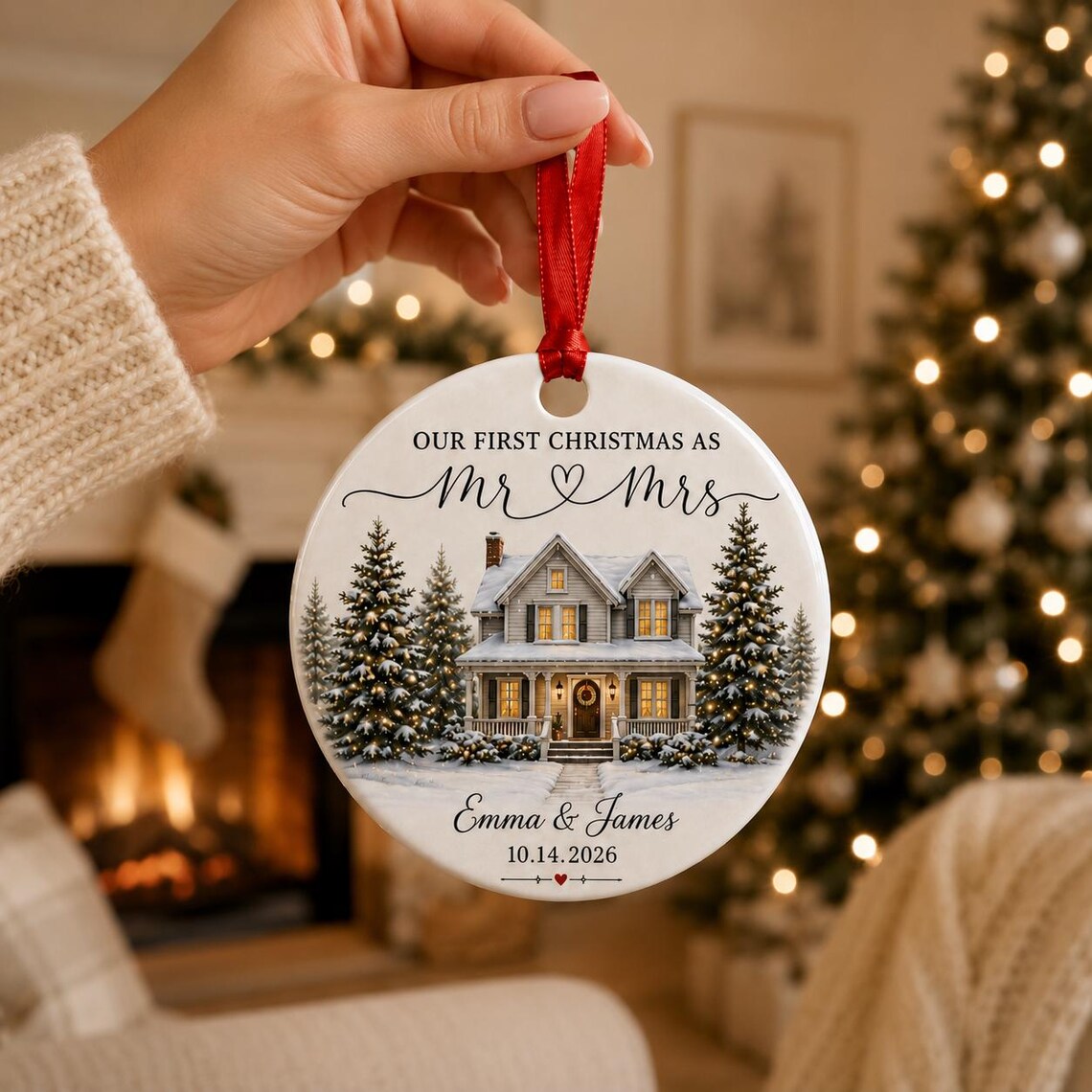 Our First Christmas as Mr & Mrs Custom Name Date First Married Christmas Round Ceramic Christmas Ornament
