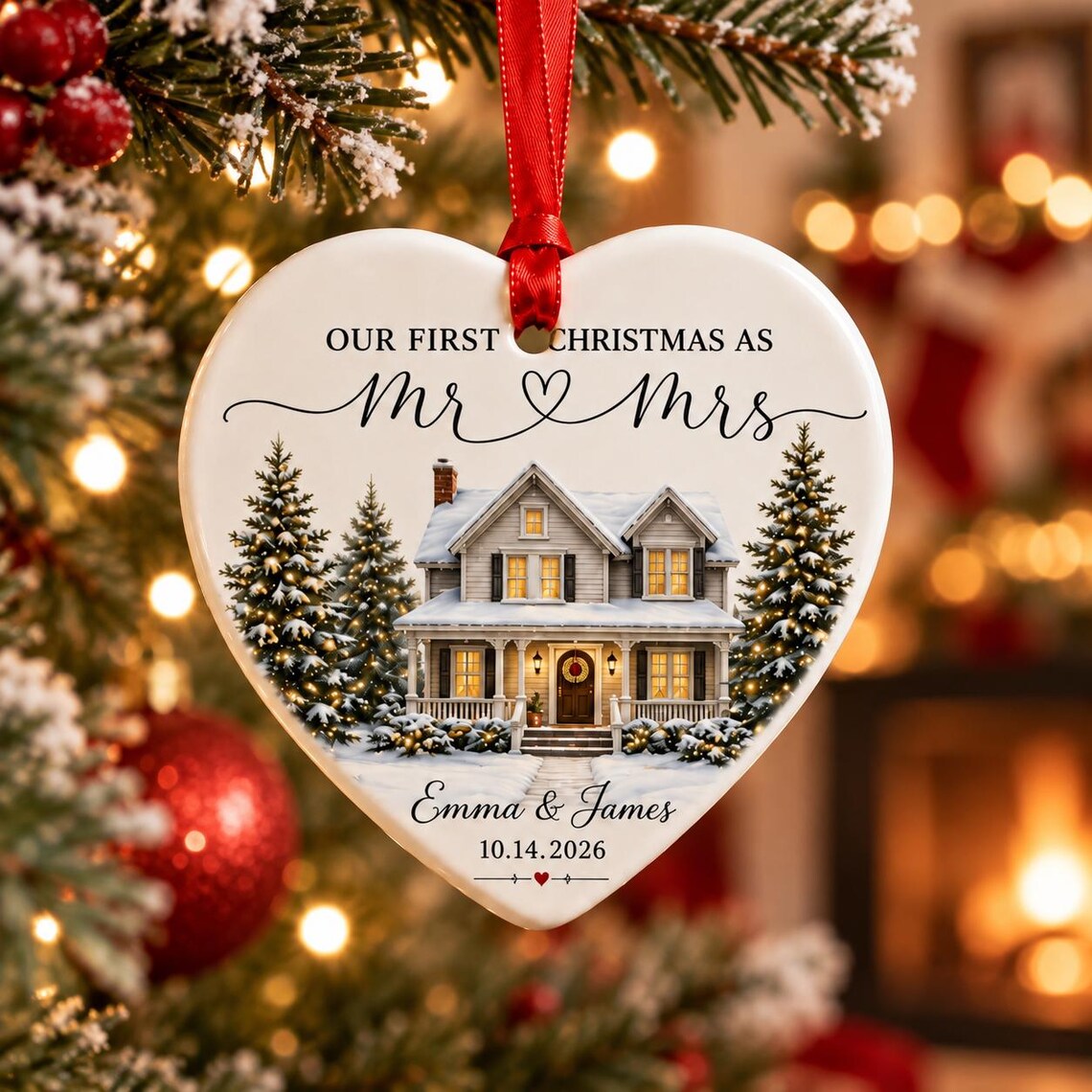 Our First Christmas as Mr & Mrs Custom Name Date First Married Christmas Heart Ceramic Christmas Ornament