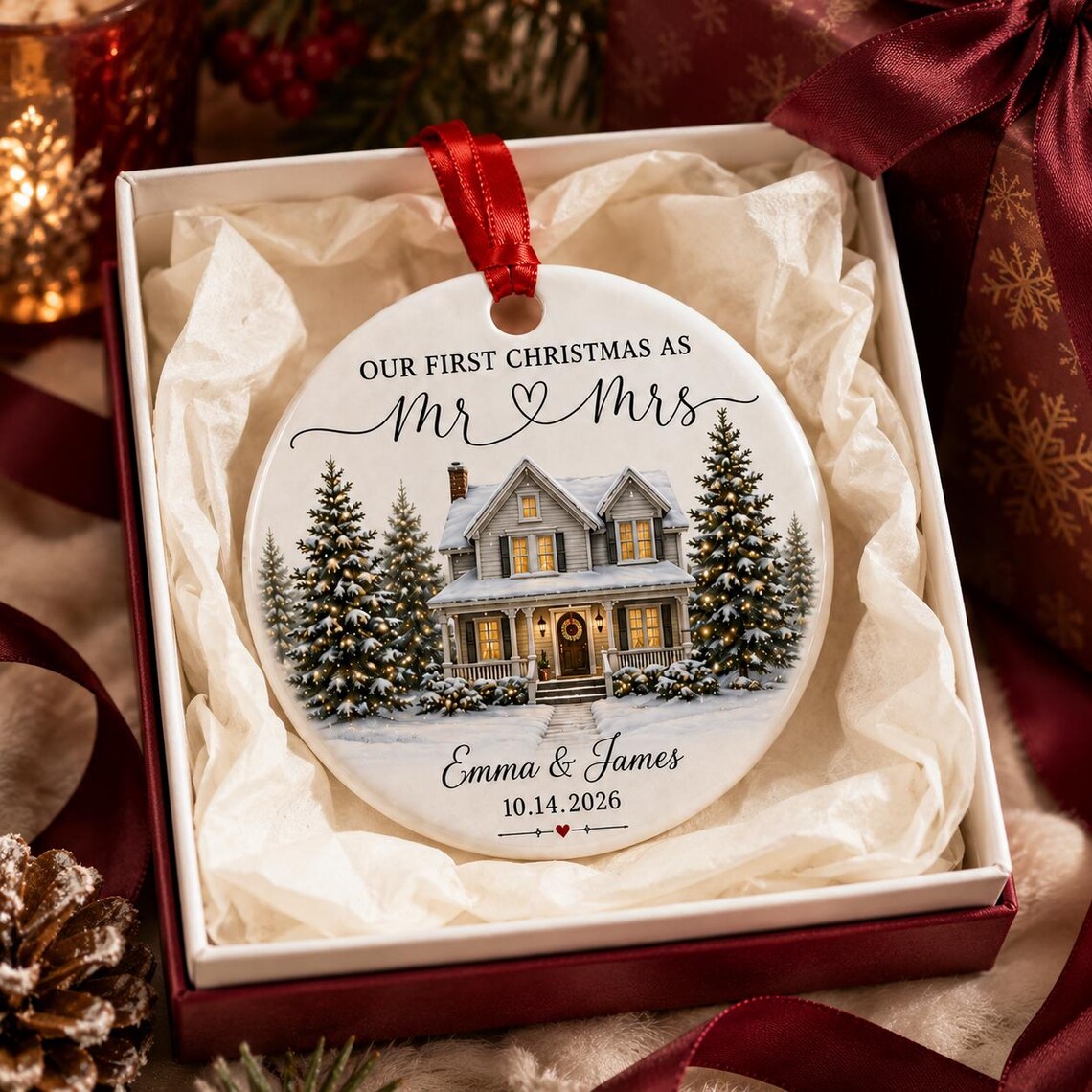 Our First Christmas as Mr & Mrs Custom Name Date First Married Christmas Round Ceramic Christmas Ornament