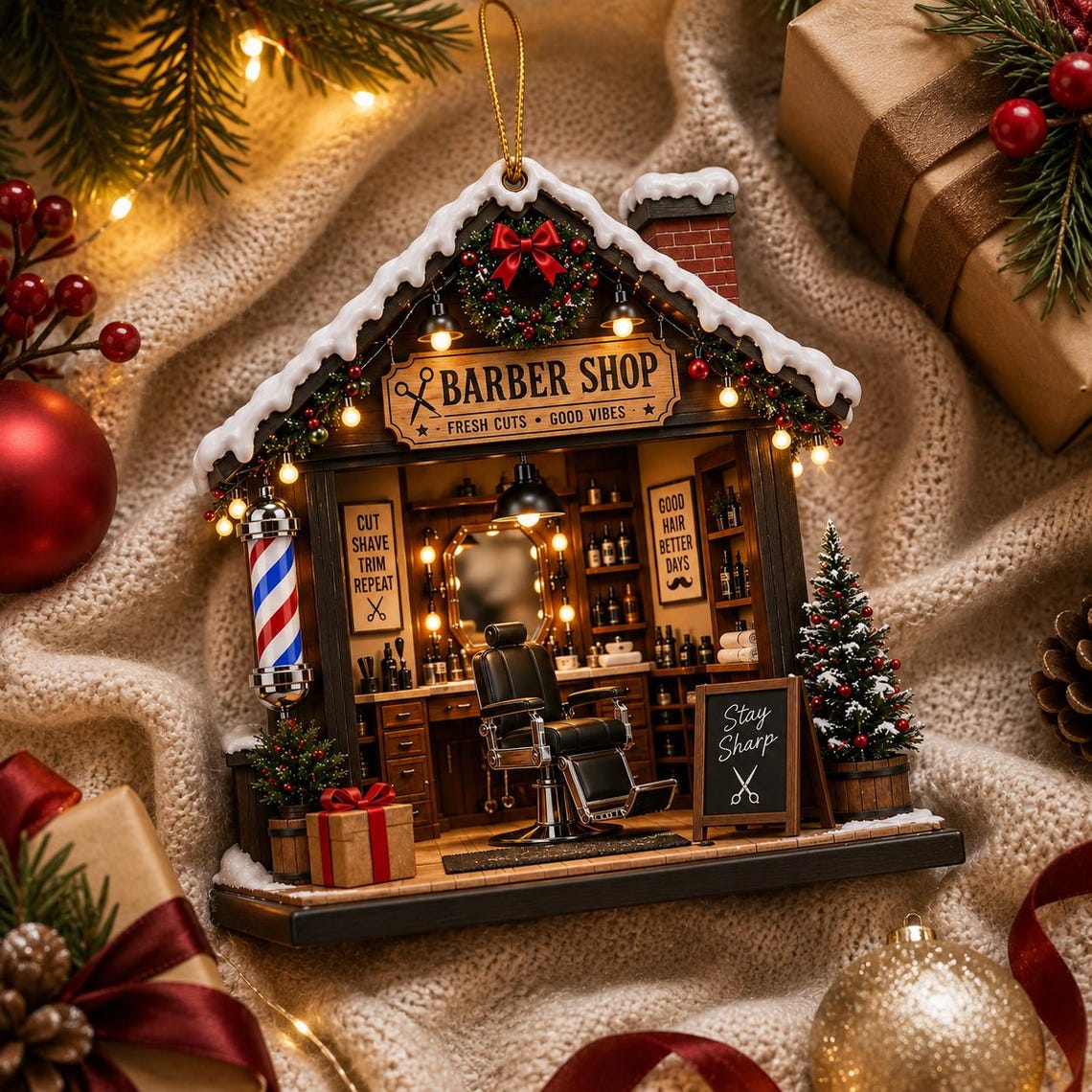 Christmas Barber Shop Custom Name Occupation Acrylic Ornament