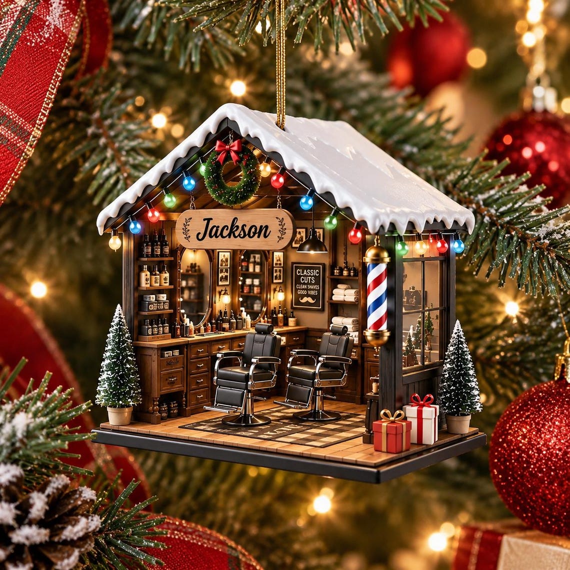 Christmas Barber Shop Custom Name Occupation Acrylic Ornament