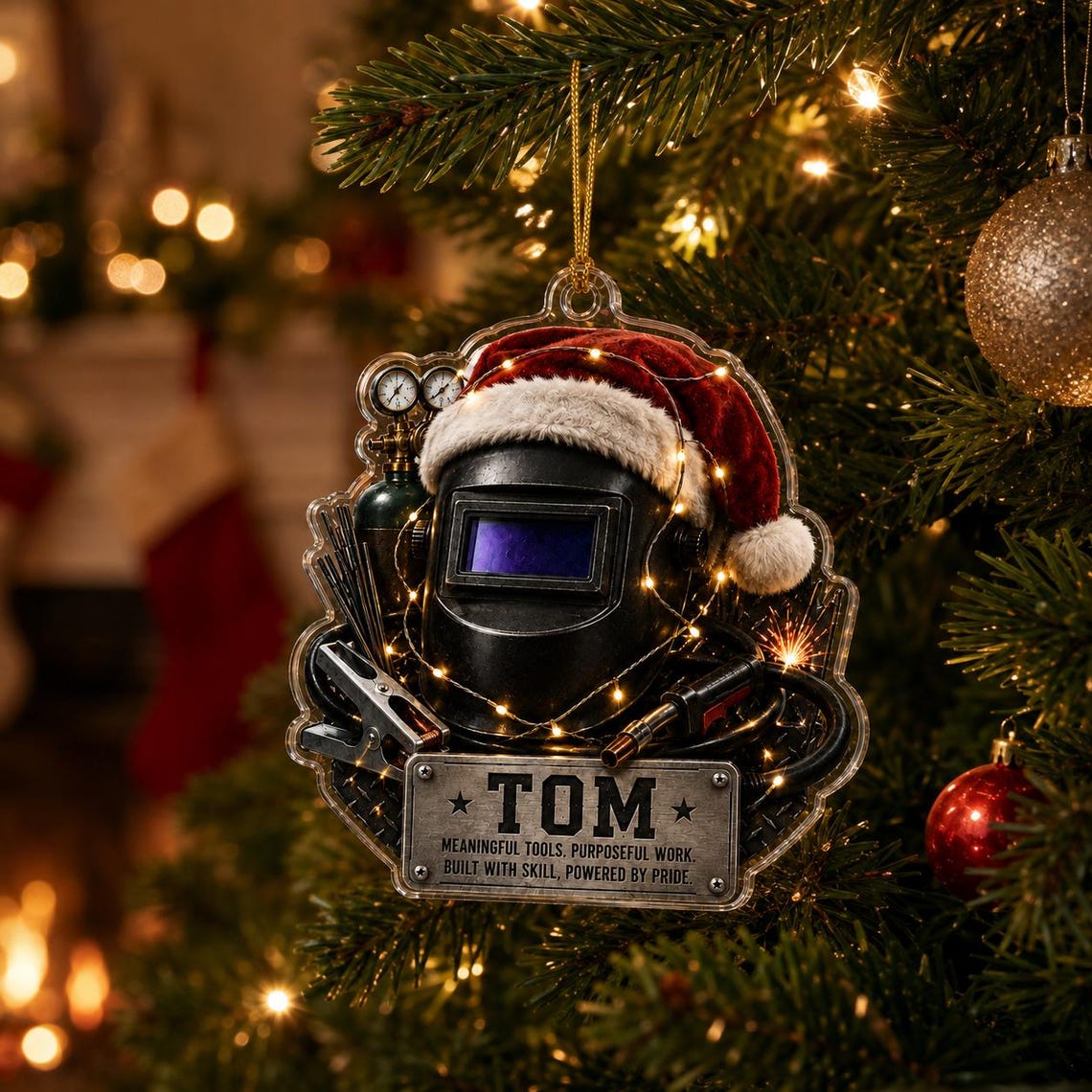 Santa Hat Welding Helmet Christmas Custom Name Occupation Acrylic Ornament