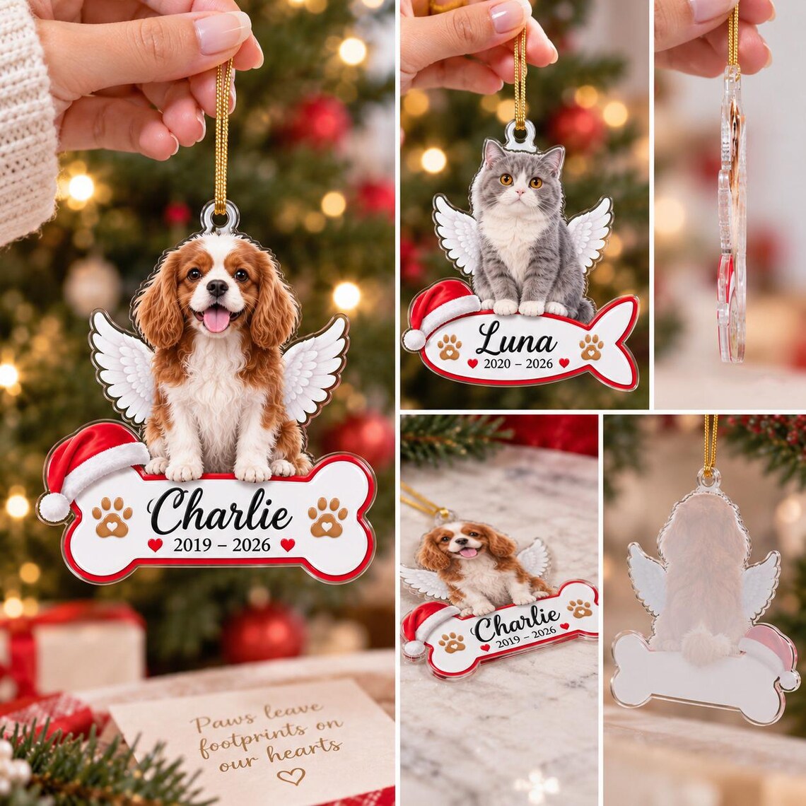Angel Wings Pet Memorial Custom Name Date Photo Pet Memorial Acrylic Ornament Pet