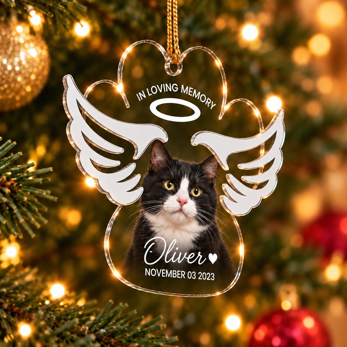 In Loving Memory Angel Wings Custom Name Date Photo Pet Memorial Acrylic Ornament