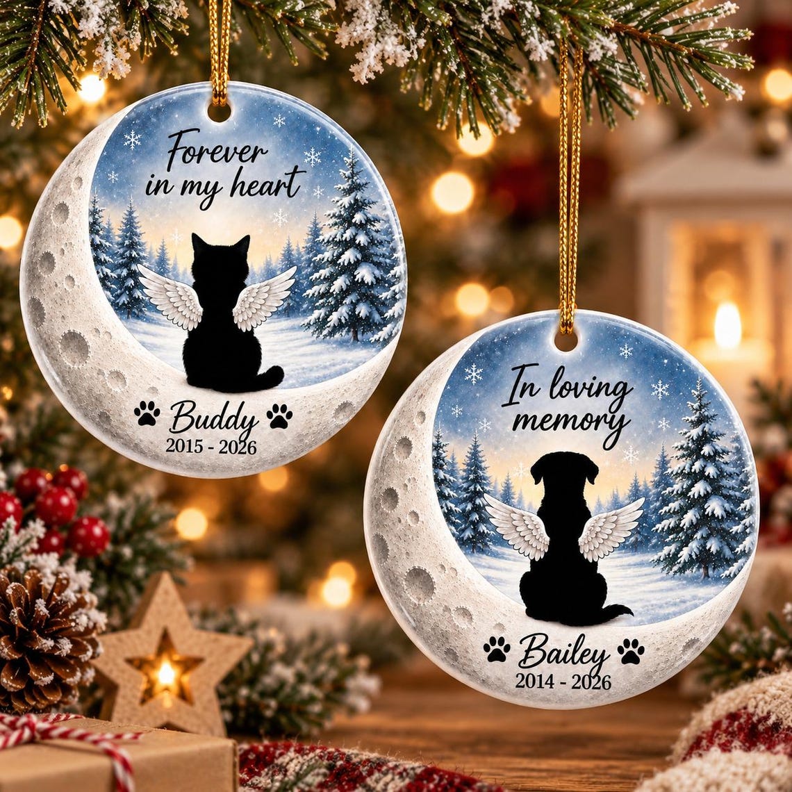 Moon Angel Wings Custom Name Date Pet Memorial Round Ceramic Ornament