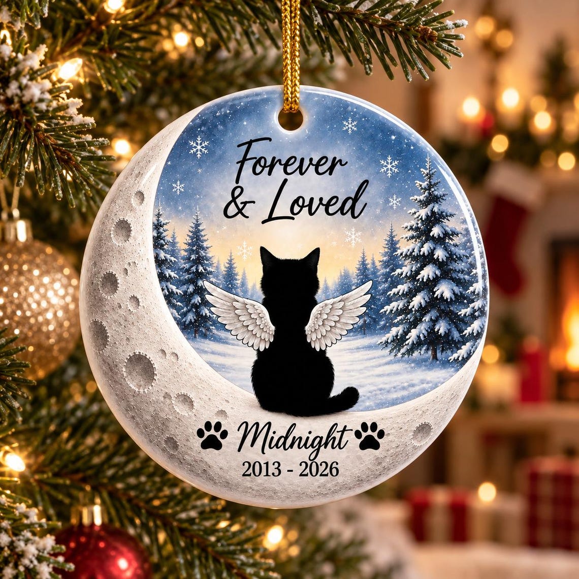 Moon Angel Wings Custom Name Date Pet Memorial Round Ceramic Ornament