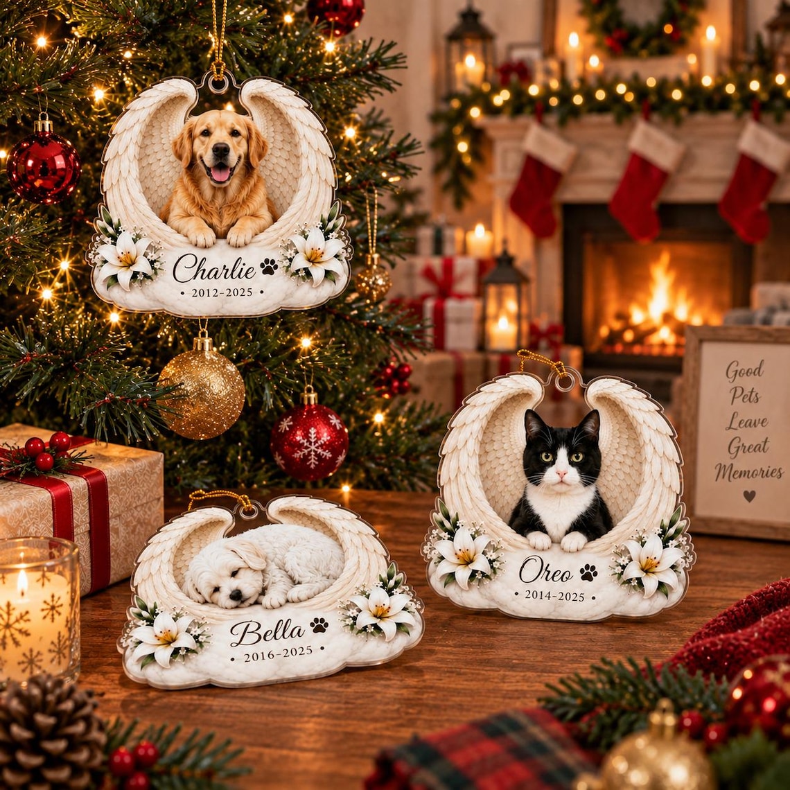 Angel Wings Custom Name Date Photo Pet Memorial Acrylic Ornament