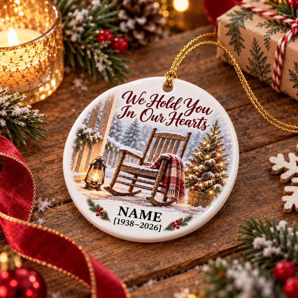 We Hold You In Our Hearts Custom Name Date Memorial for Loved Ones Round Ceramic Ornament
