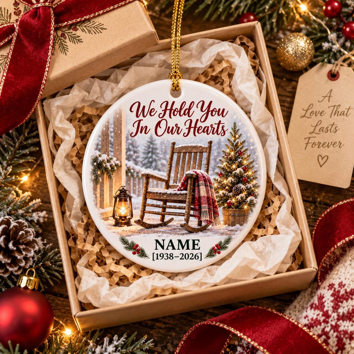 We Hold You In Our Hearts Custom Name Date Memorial for Loved Ones Round Ceramic Ornament