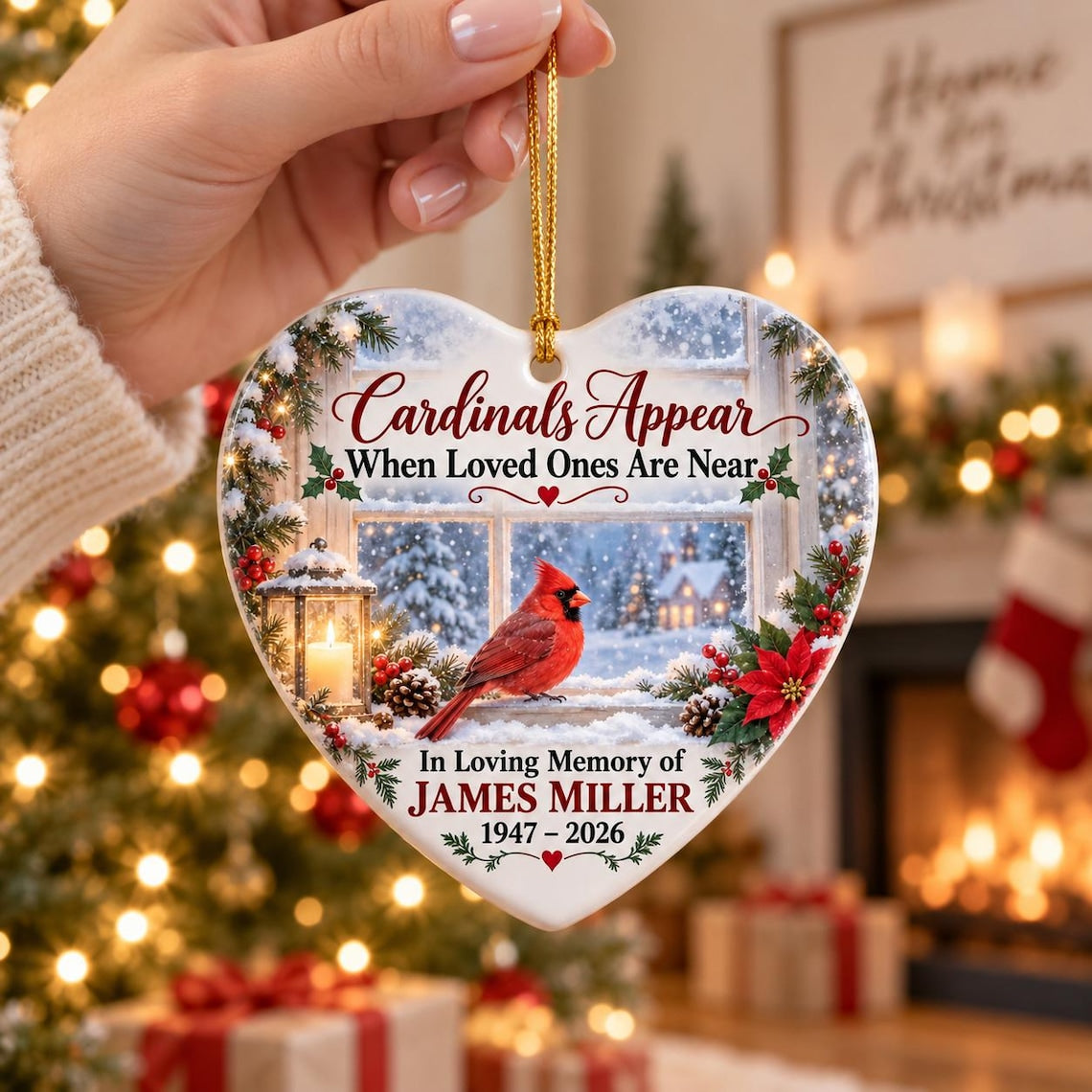 Cardinals Appear When Loved Ones Are Near Custom Name Date Memorial Heart Ceramic Ornament