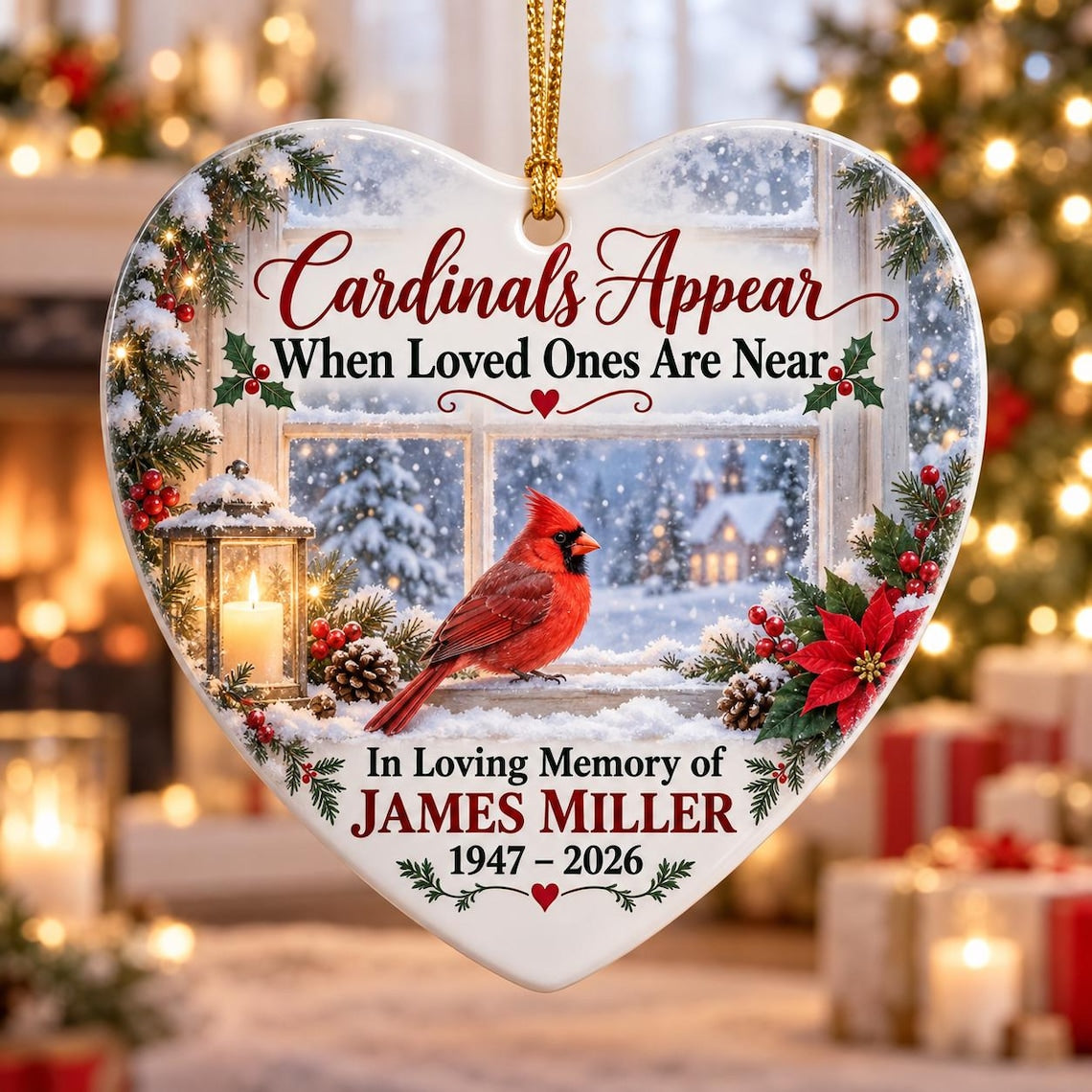 Cardinals Appear When Loved Ones Are Near Custom Name Date Memorial Heart Ceramic Ornament