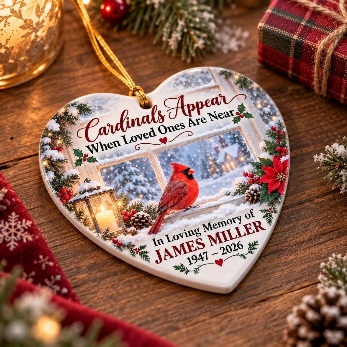 Cardinals Appear When Loved Ones Are Near Custom Name Date Memorial Heart Ceramic Ornament
