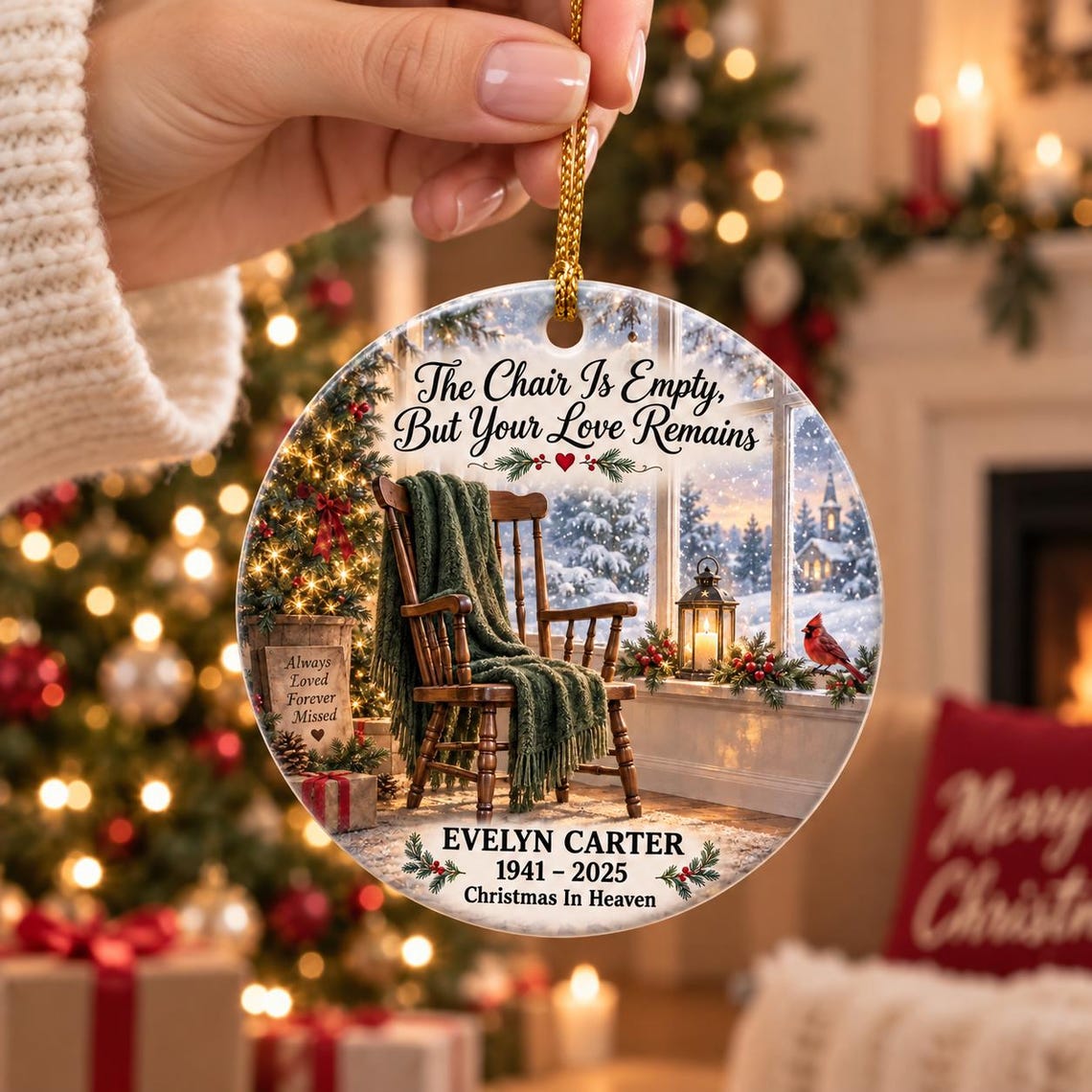The Chair Is Empty But Your Love Remains Custom Name Date Memorial Round Ceramic Ornament