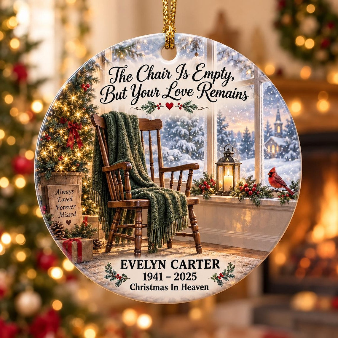 The Chair Is Empty But Your Love Remains Custom Name Date Memorial Round Ceramic Ornament