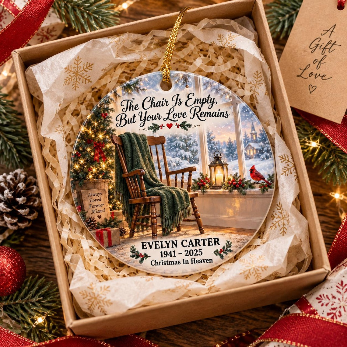 The Chair Is Empty But Your Love Remains Custom Name Date Memorial Round Ceramic Ornament