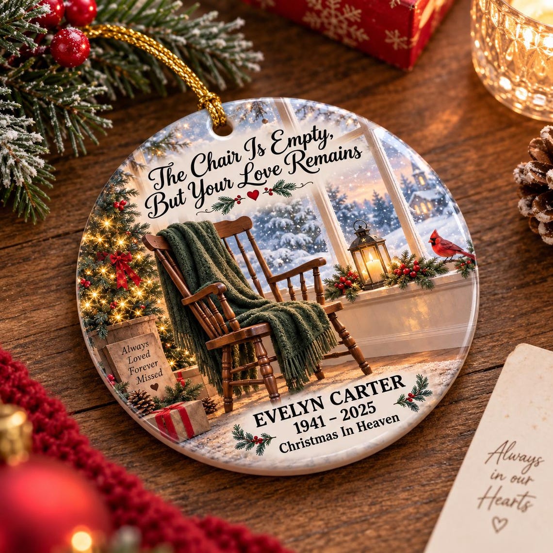 The Chair Is Empty But Your Love Remains Custom Name Date Memorial Round Ceramic Ornament