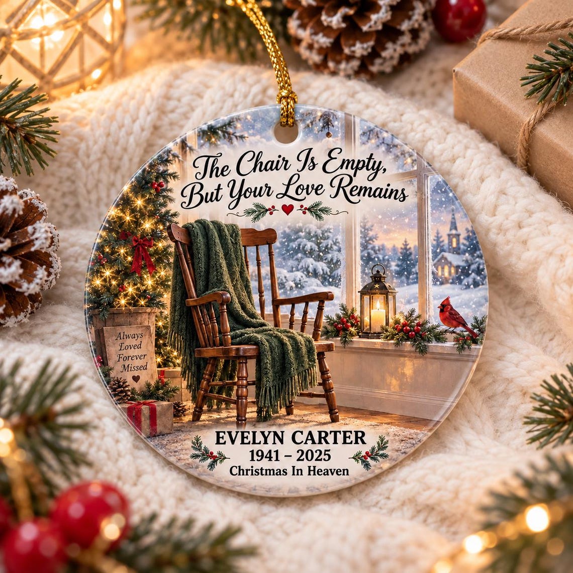The Chair Is Empty But Your Love Remains Custom Name Date Memorial Round Ceramic Ornament