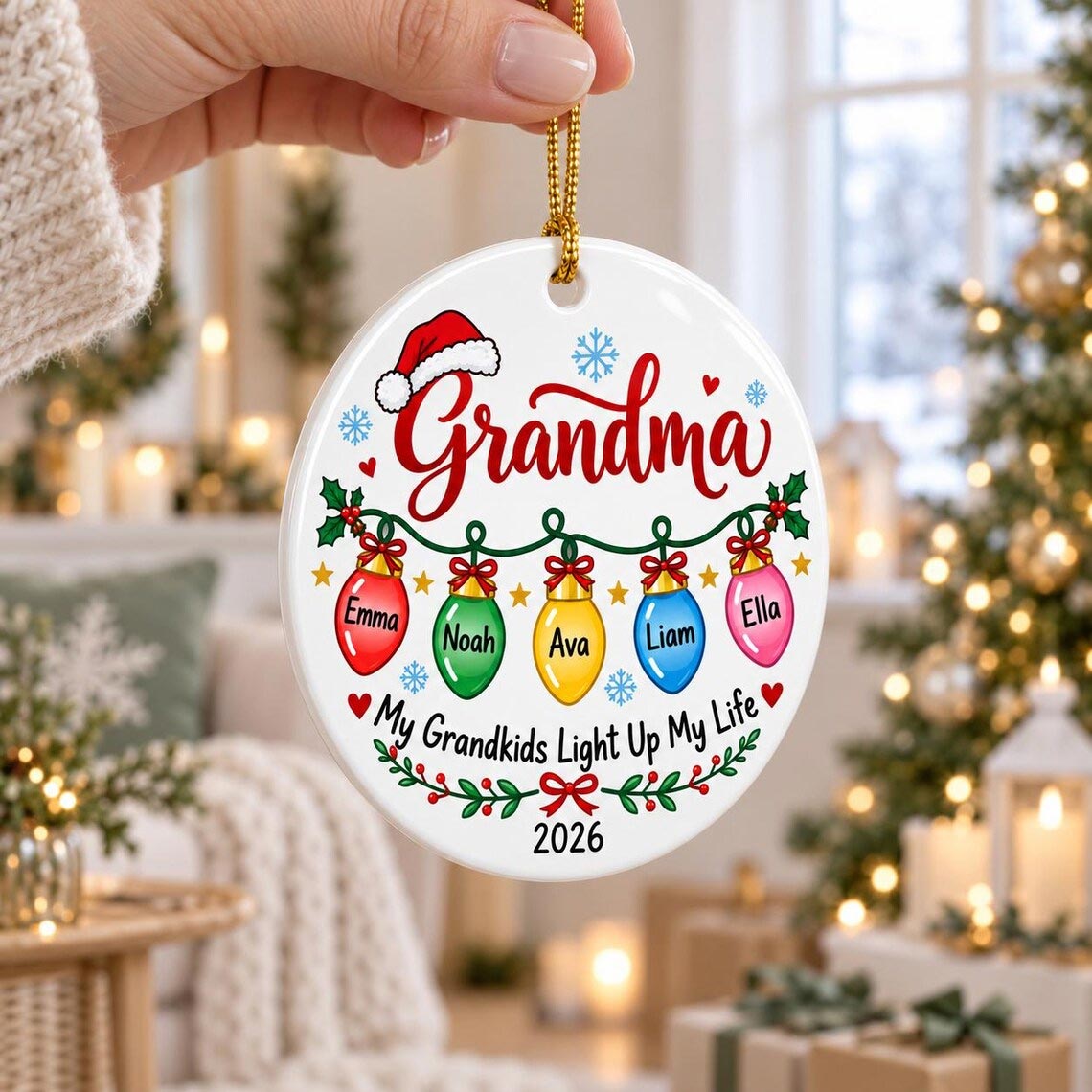 My Grandkids Light Up My Life Custom Name Date Family Round Ceramic Ornament
