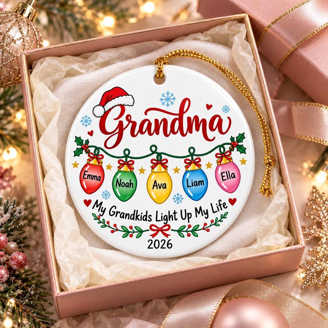 My Grandkids Light Up My Life Custom Name Date Family Round Ceramic Ornament