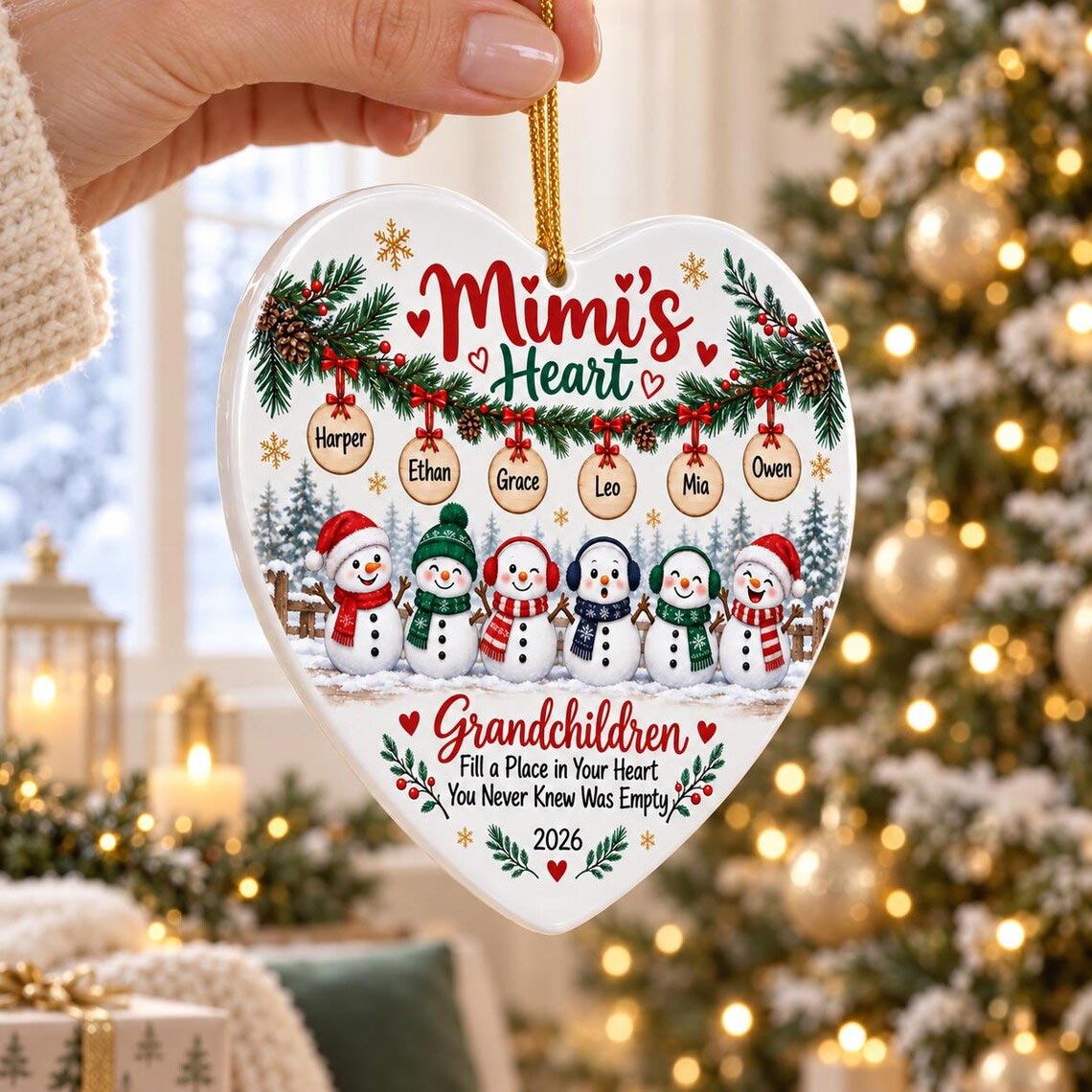 Grandchildren Fill a Place in Your Heart Custom Name Date Family Heart Ceramic Ornament