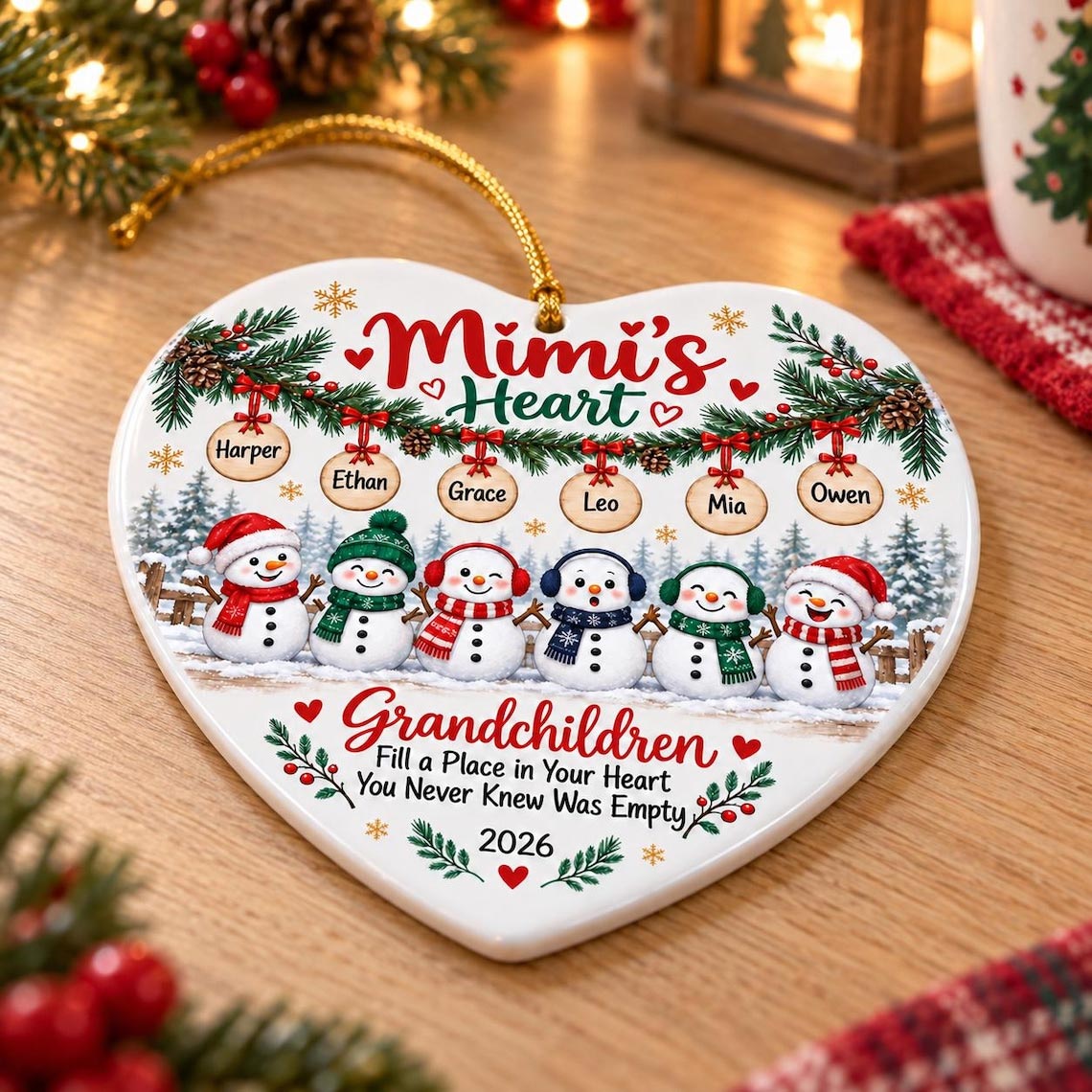 Grandchildren Fill a Place in Your Heart Custom Name Date Family Heart Ceramic Ornament