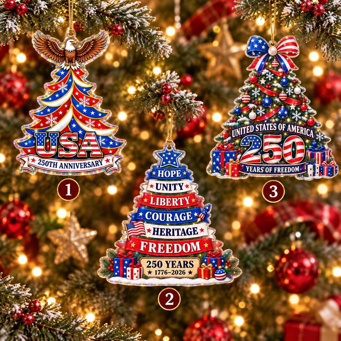 USA Eagle Patriotic Christmas Tree 1776-2026 America's 250th Starburst Hologram Christmas Ornament