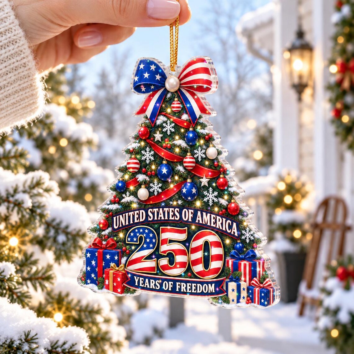 USA Eagle Patriotic Christmas Tree 1776-2026 America's 250th Starburst Hologram Christmas Ornament