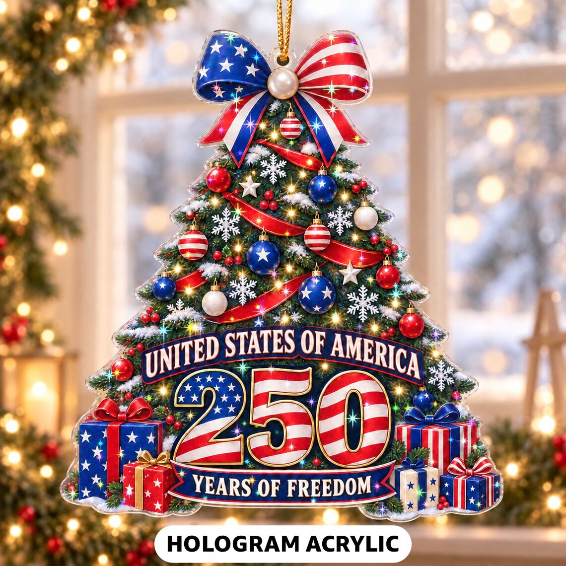USA Eagle Patriotic Christmas Tree 1776-2026 America's 250th Starburst Hologram Christmas Ornament