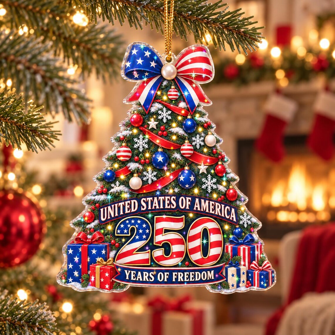 USA Eagle Patriotic Christmas Tree 1776-2026 America's 250th Starburst Hologram Christmas Ornament