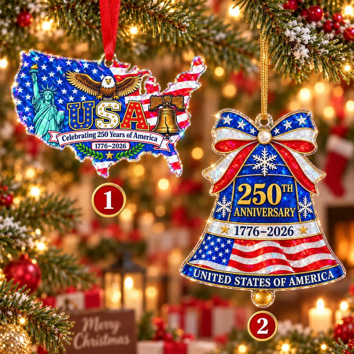 USA Map Eagle 1776-2026 America's 250th Broken Glass Hologram Christmas Ornament