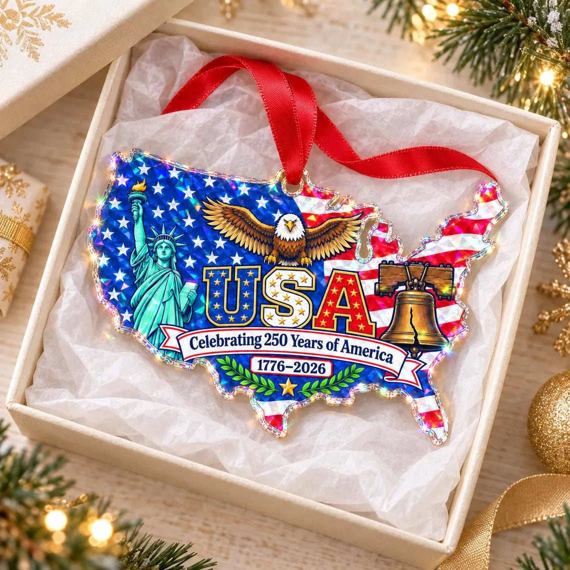 USA Map Eagle 1776-2026 America's 250th Broken Glass Hologram Christmas Ornament