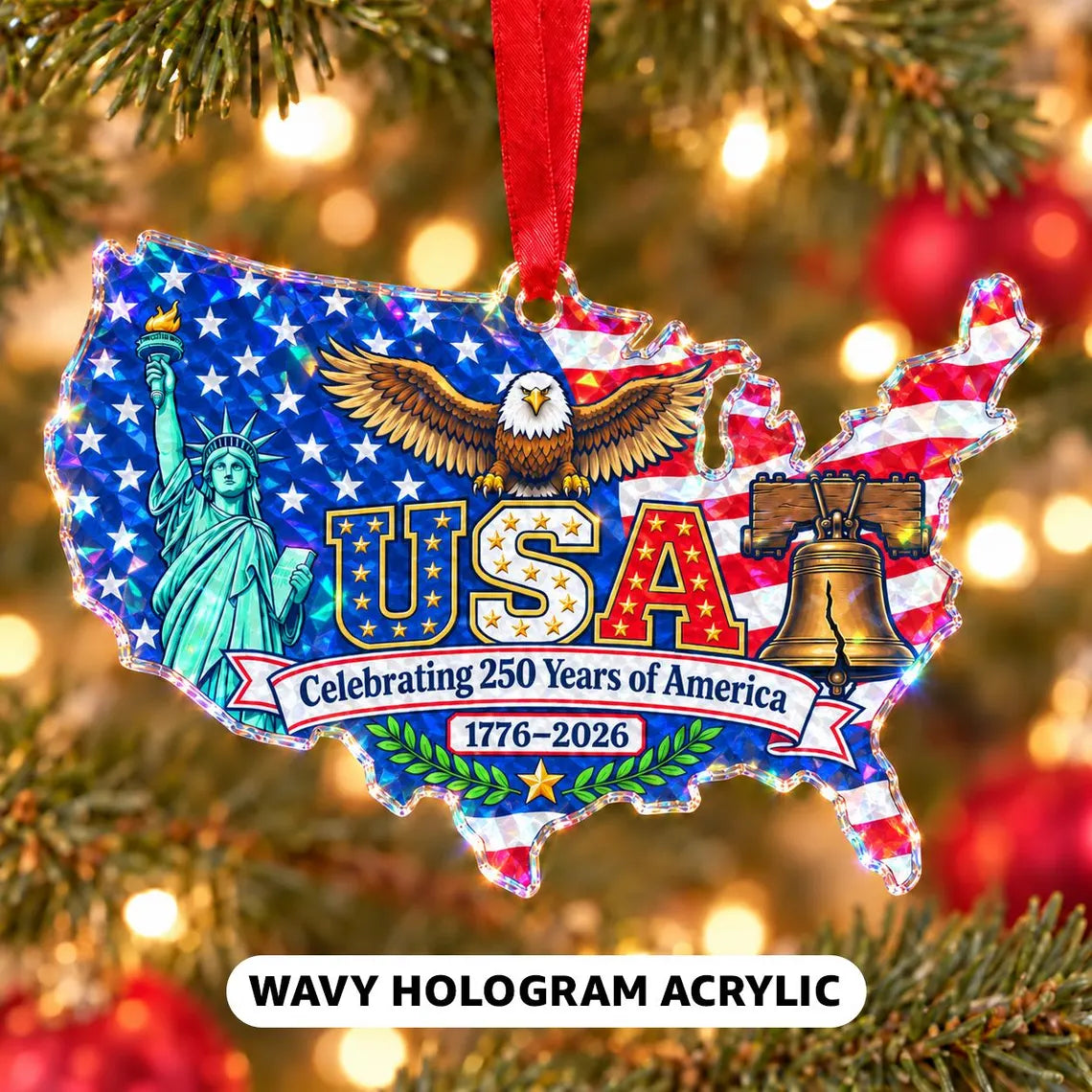 USA Map Eagle 1776-2026 America's 250th Broken Glass Hologram Christmas Ornament