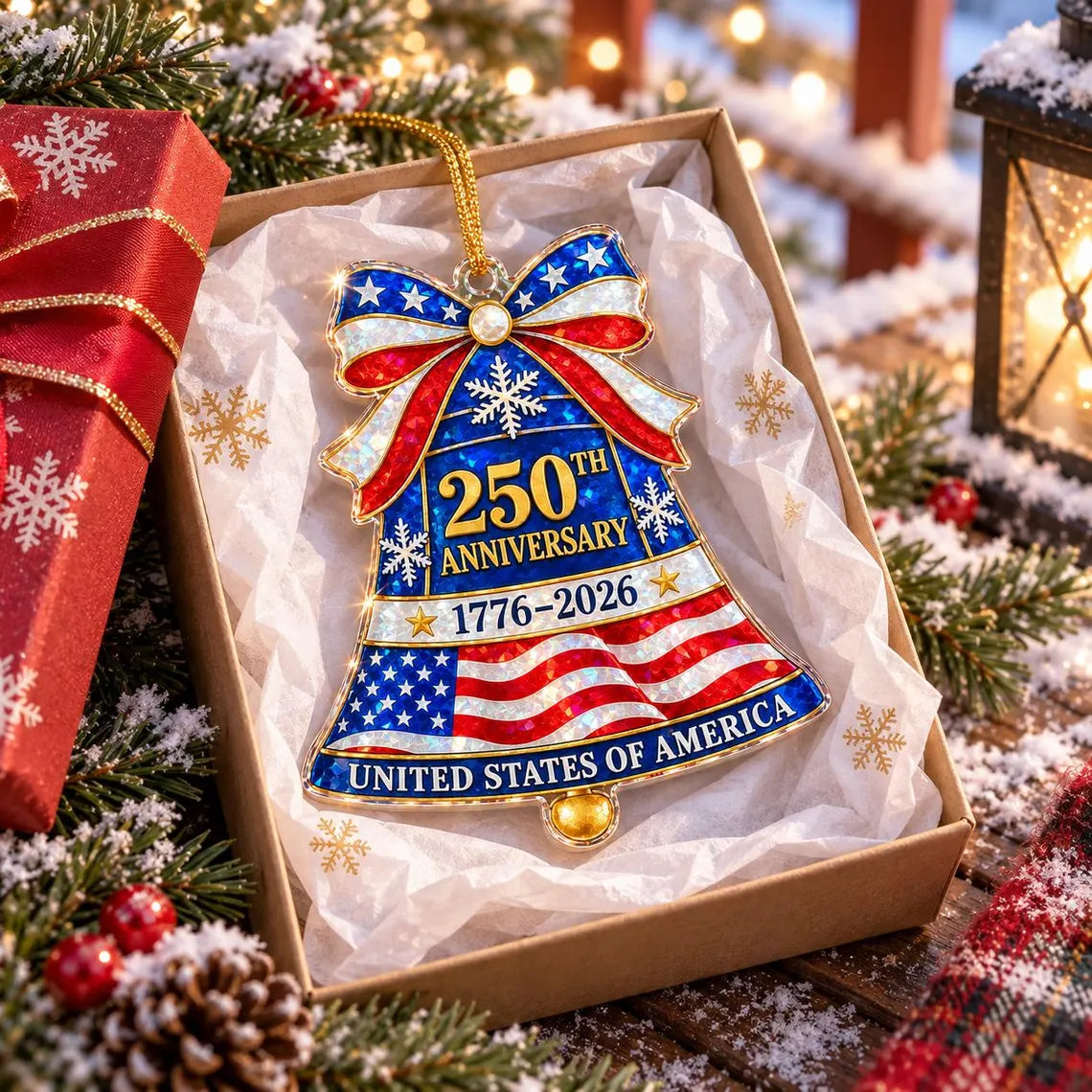 USA Map Eagle 1776-2026 America's 250th Broken Glass Hologram Christmas Ornament