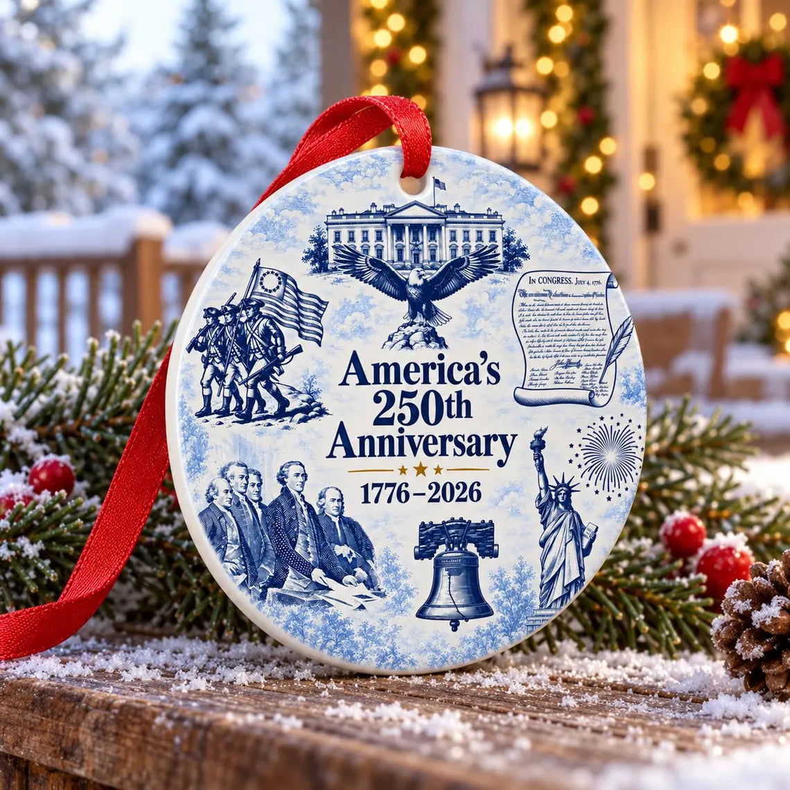 1776-2026 America's 250th Anniversary Patriotic Round Ceramic Christmas Ornament