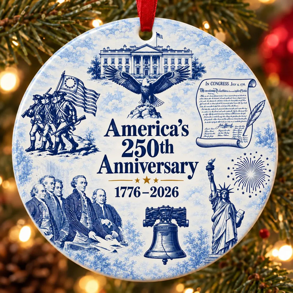 1776-2026 America's 250th Anniversary Patriotic Round Ceramic Christmas Ornament