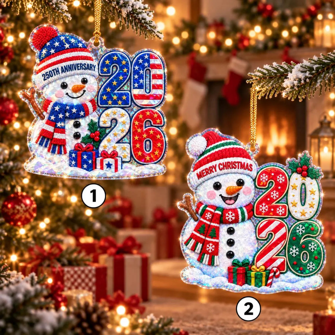 Snowman 2026 250th Anniversary America's 250th Broken Glass Hologram Christmas Ornament