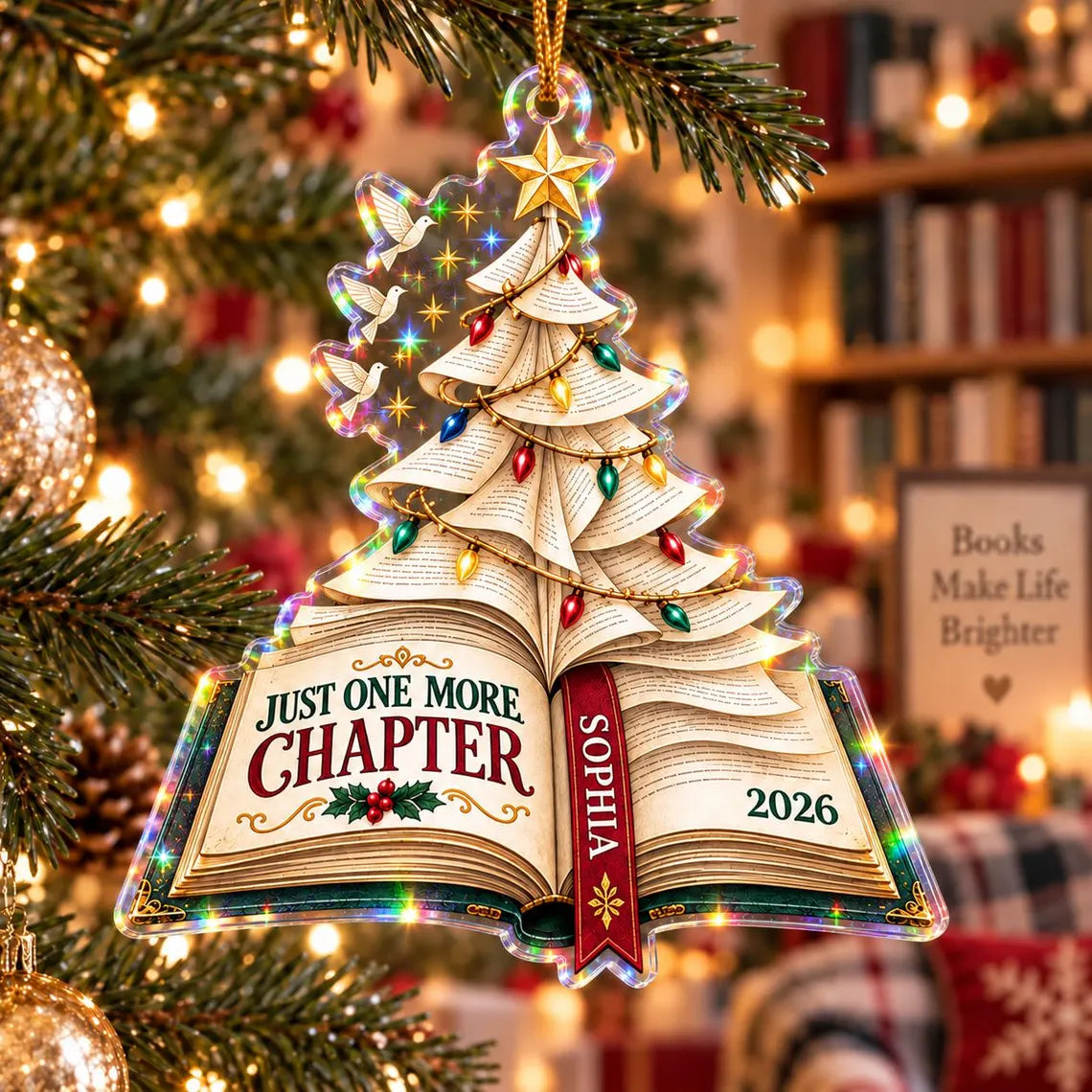 Christmas Book Tree 2026 Custom Name Date Starburst Hologram Christmas Ornament