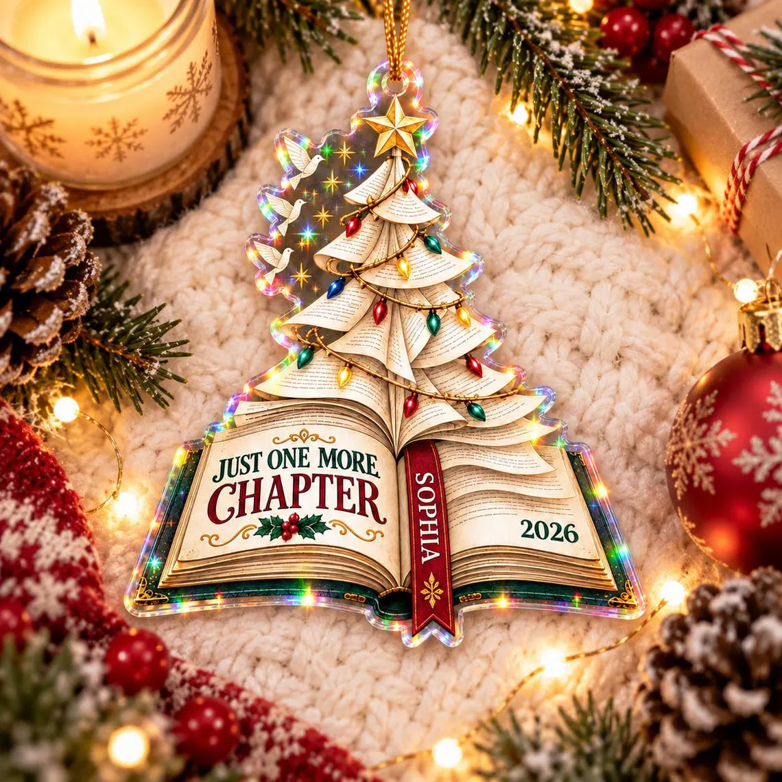 Christmas Book Tree 2026 Custom Name Date Starburst Hologram Christmas Ornament