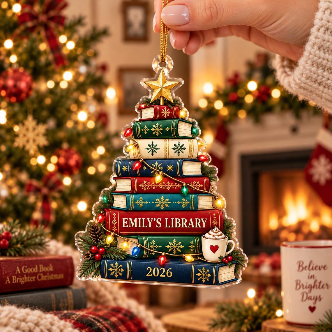 Christmas Library Book Tree 2026 Custom Name Date Acrylic Ornament
