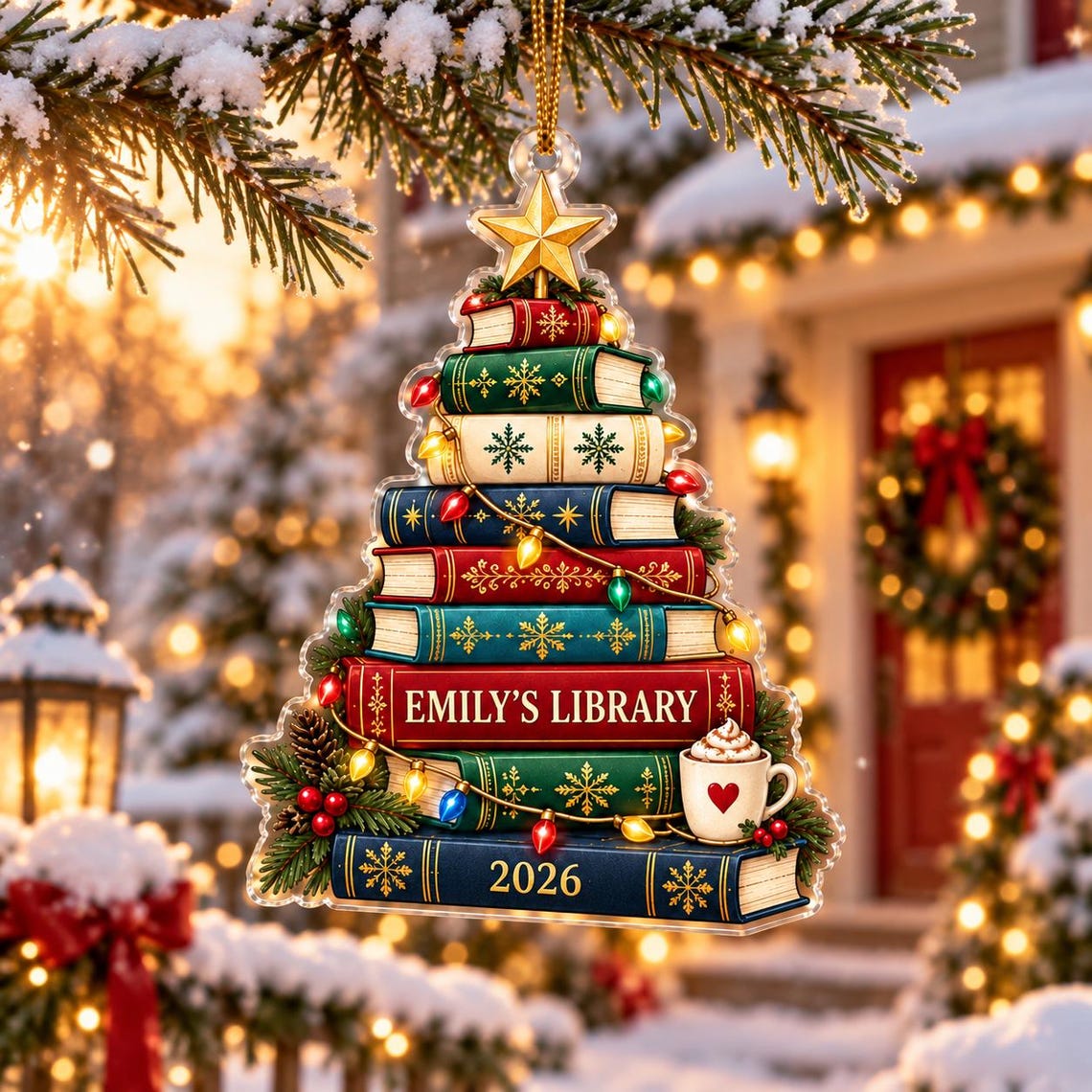 Christmas Library Book Tree 2026 Custom Name Date Acrylic Ornament