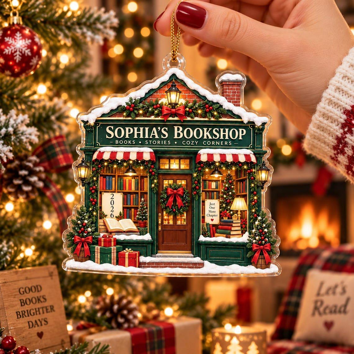 Christmas Bookshop Custom Name Acrylic Ornament