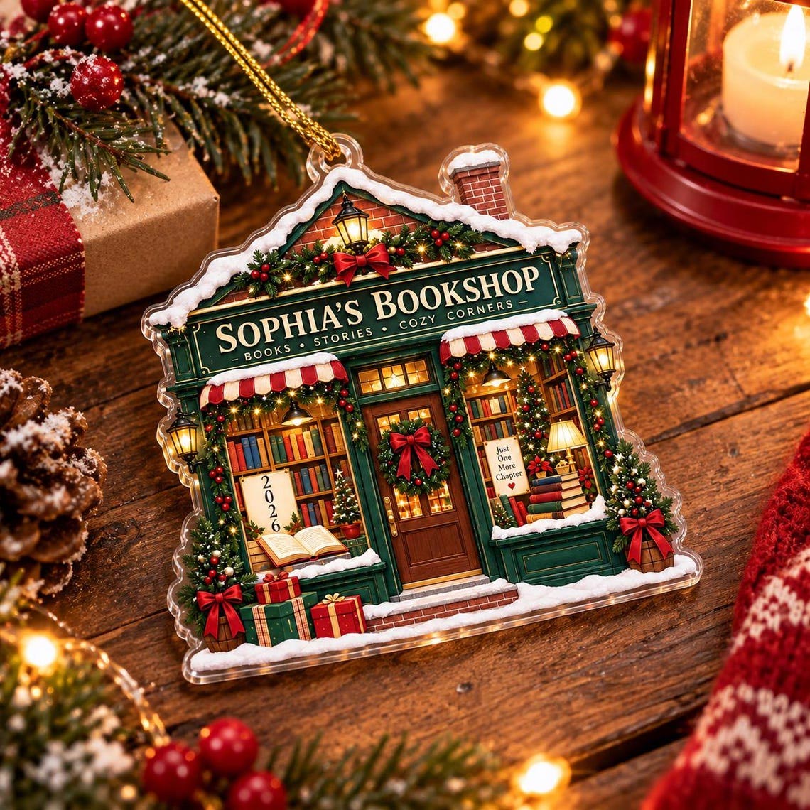 Christmas Bookshop Custom Name Acrylic Ornament