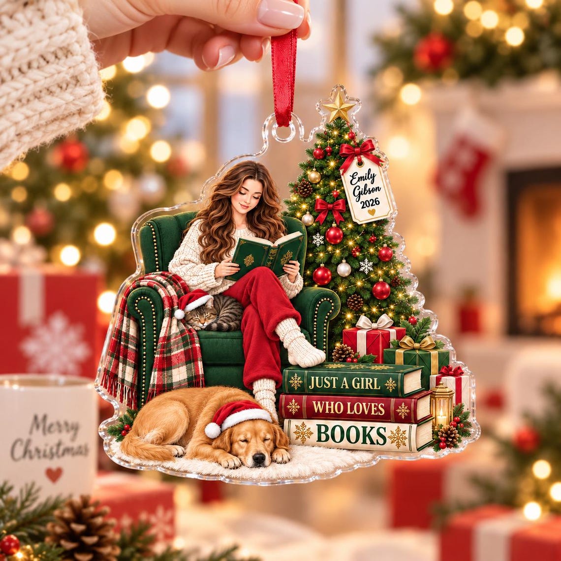 Cozy Christmas Book Lover 2026 Custom Name Date Acrylic Ornament